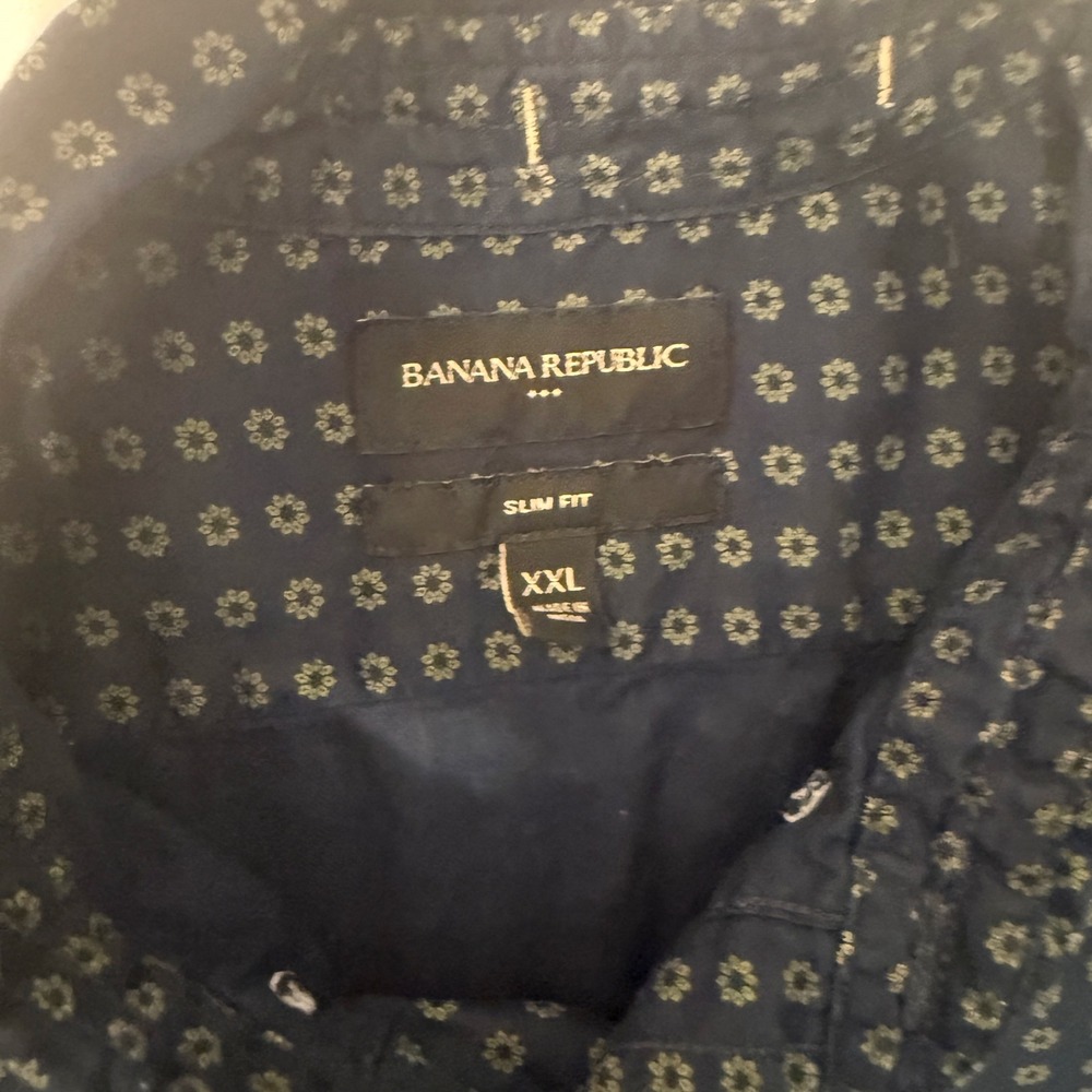 Banana Republic Mens XXL Slim Fit Short Sleeve Button Down Shirt Navy Geometric